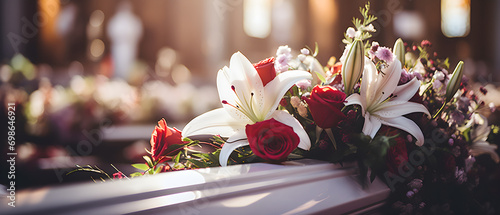 A lovely dark wood coffin adorned with roses, lilies, and carnations creates a lush display. Shot up close, the image captures intricate details, enhanced by soft, diffused light for a warm atmosphere