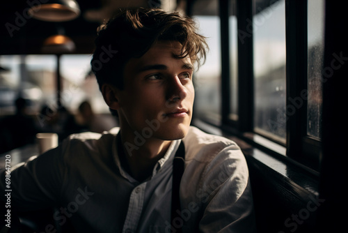 Generative AI portrait of young person sitting dreamy in aroma cafeteria enjoying morning coffee