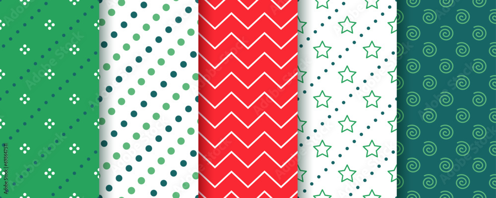 Merry Christmas seamless pattern. Xmas New year backgrounds. Prints with zigzag, polka dots, star and spiral. Set red green holiday textures. Festive wrapping paper. Vector illustration Merry Christmas seamless pattern. Xmas New year backgrounds. Prints with zigzag, polka dots, star and spiral. Set red green holiday textures. Festive wrapping paper. Vector illustration