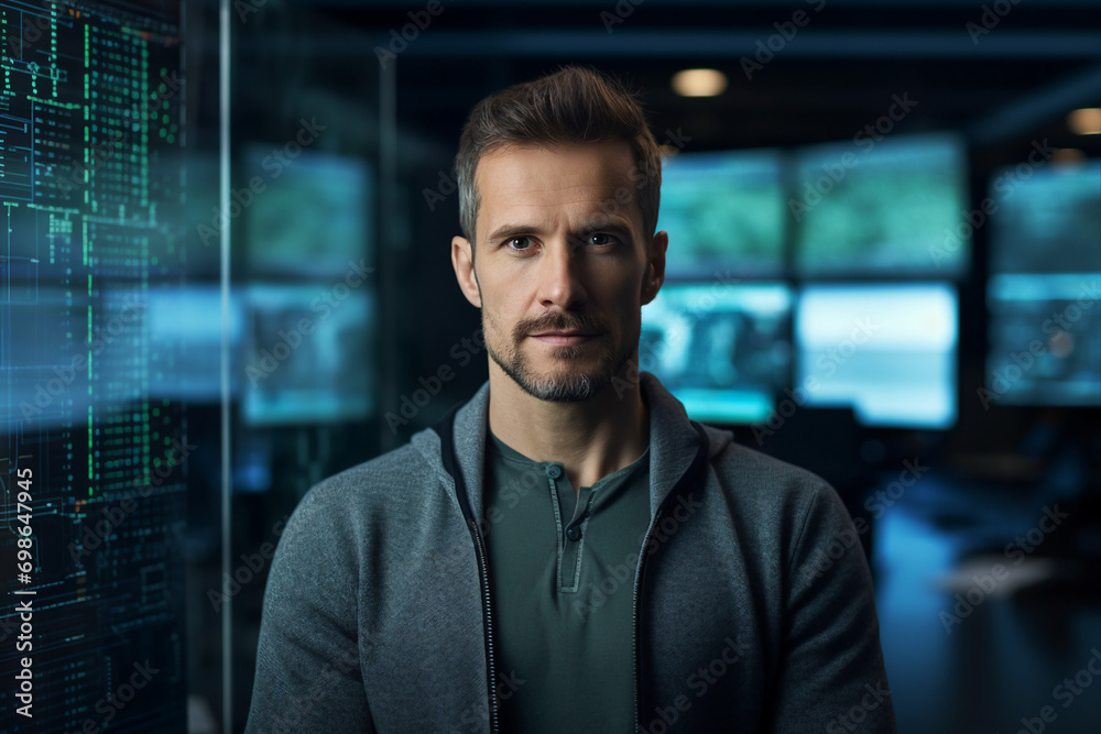 Fototapeta premium Secret hacker organization workplace data IT specialist near big screen with code Generative AI