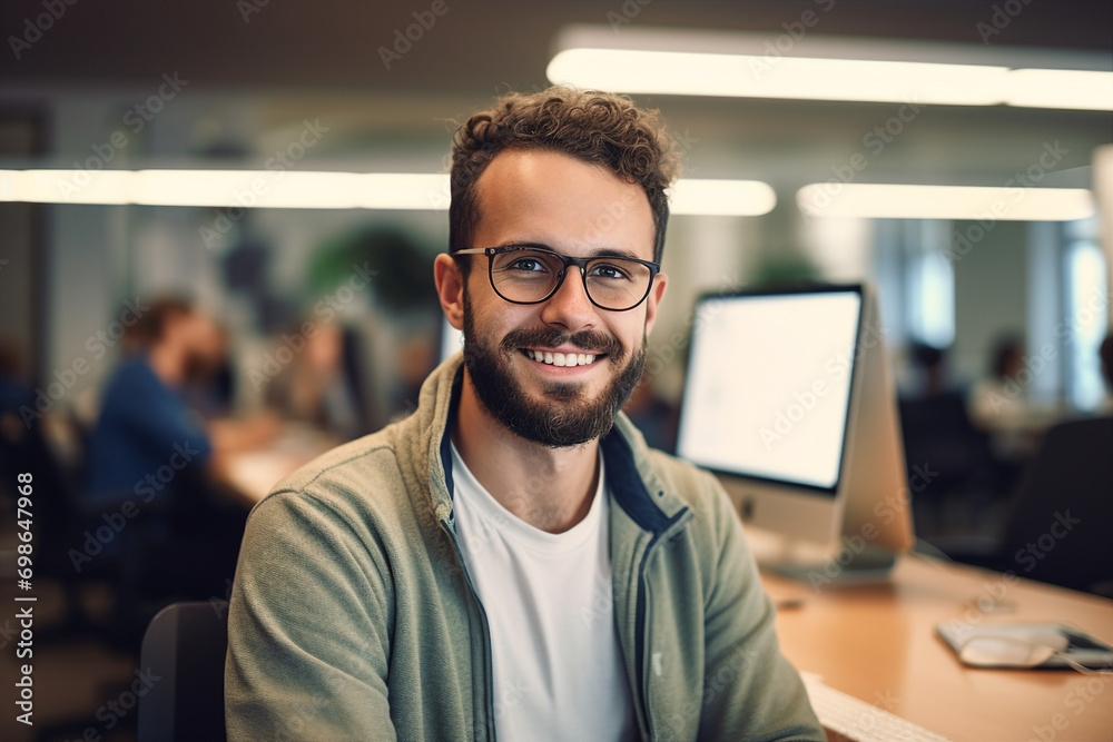 Naklejka premium Secret hacker organization workplace data IT specialist near big screen with code Generative AI