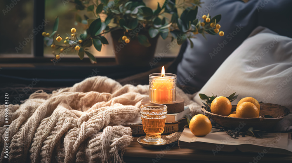 Home composition with a glass of orange juice, a blanket and a candle.