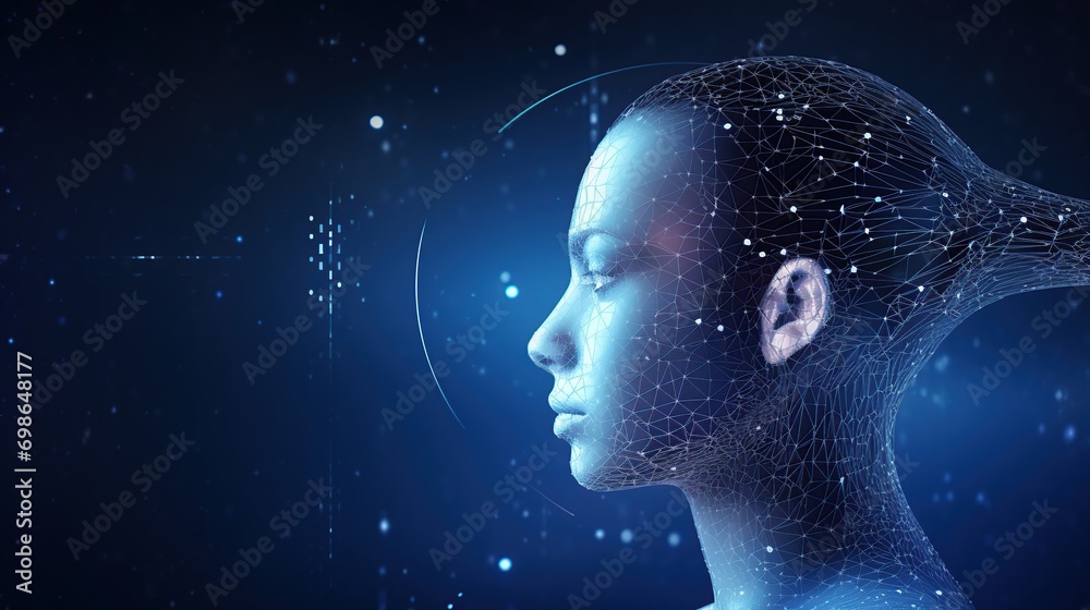 abstract head graph of a person's head with graphs and wires in the background. technology human AI system concept Wireframe. computer science, artificial intelligence, and communications