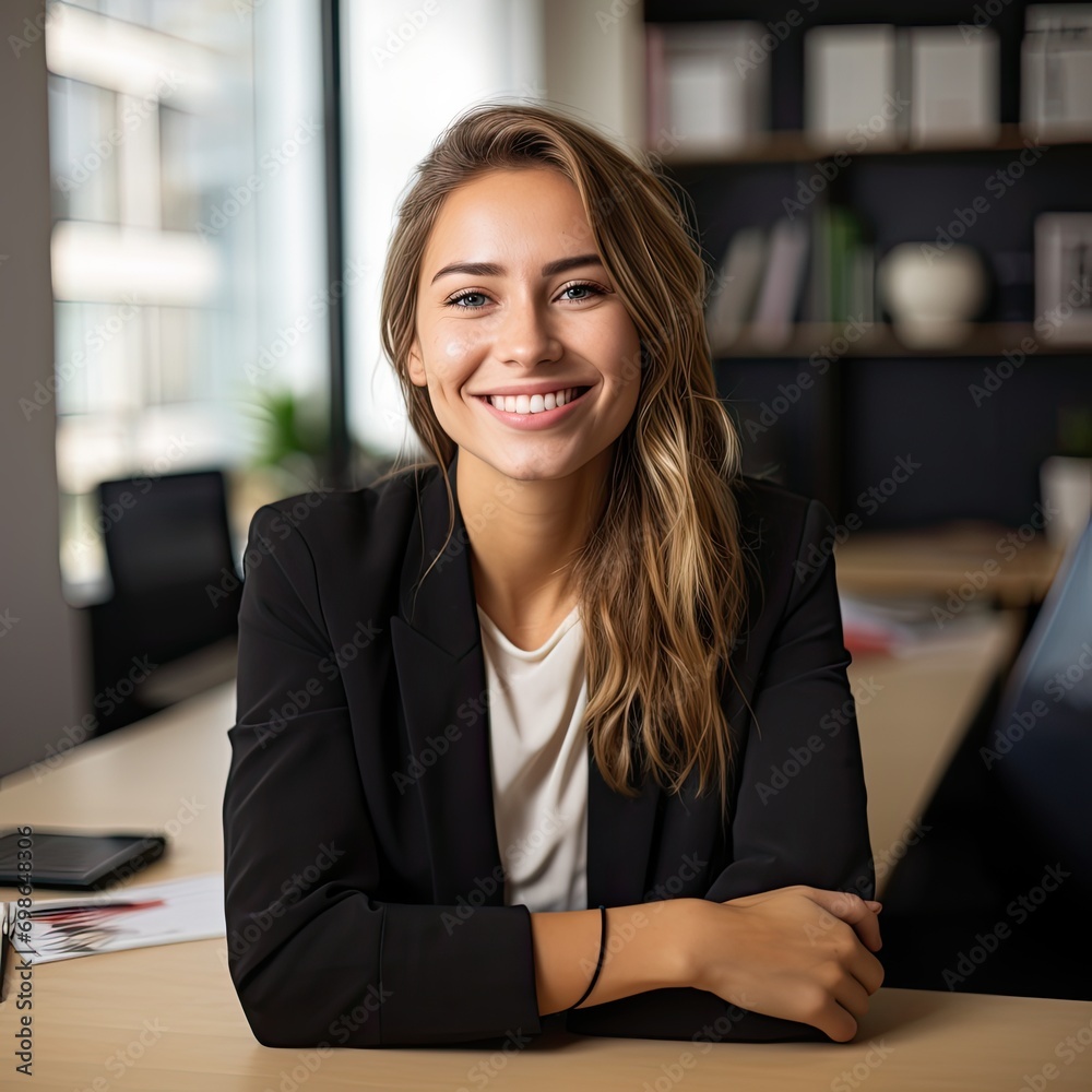 Photo of a young girl sitting at the desk and smiling high-quality photo Photo of a young girl sitting at the desk and smiling high-quality photo