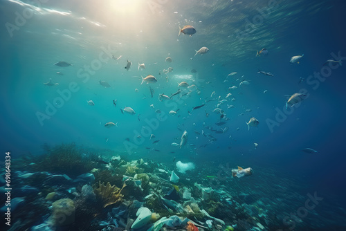 This compelling underwater scene of floating garbage and plastic bags sheds light on the pressing environmental issue of ocean pollution and its impact.