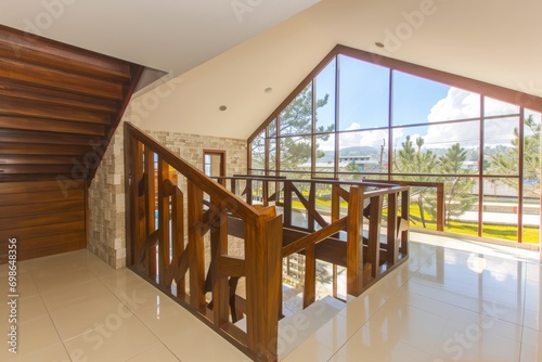 a staircase with a glass wall and a stone wall