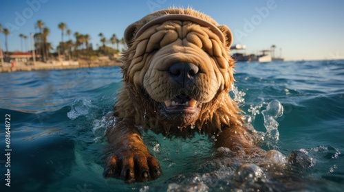 Close up of a resourceful Shar Pei in top swimming condition in a wonderful marine environment