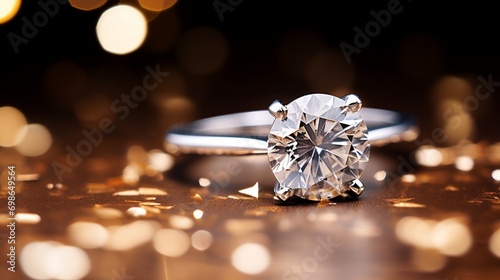 A macro shot of a sparkling diamond engagement ring set against a backdrop of shimmering stars