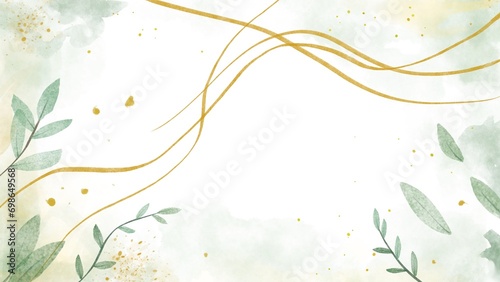 Abstract art watercolor floral background with soft hand painted leaves and gold lines decoration