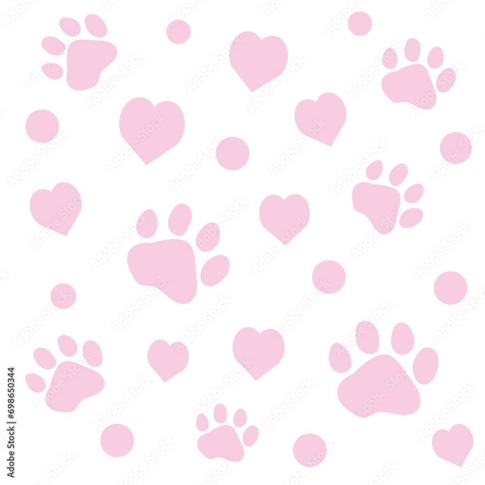 Cat or Dog paw seamless pattern. Cat footprint wallpaper. Doodle gift wrapping paper. Pet paw prints and hearts for covers, cards