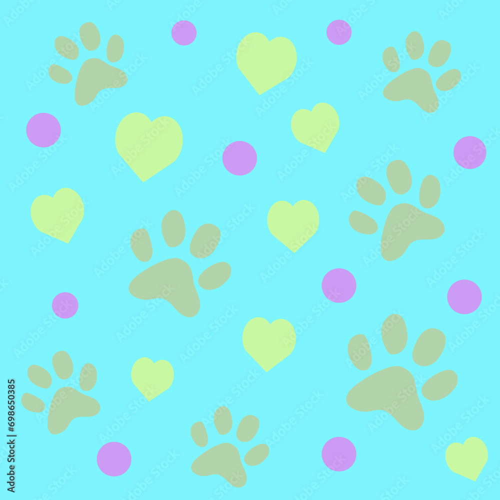 Cat or Dog paw seamless pattern. Cat footprint wallpaper. Doodle gift wrapping paper. Pet paw prints and hearts for covers, cards