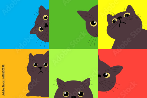 Cat peeking out of corner set vector. Collection funny Cats Hiding. Cat hide and seek.