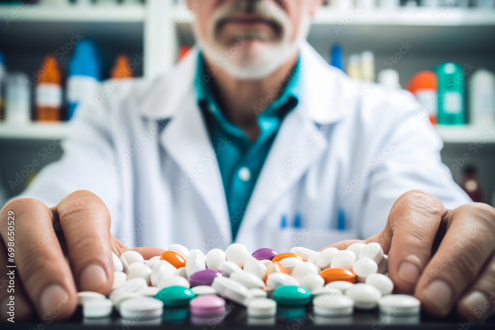Generative AI image of professional pharmacist in pharmacy Generative AI image of professional pharmacist in pharmacy