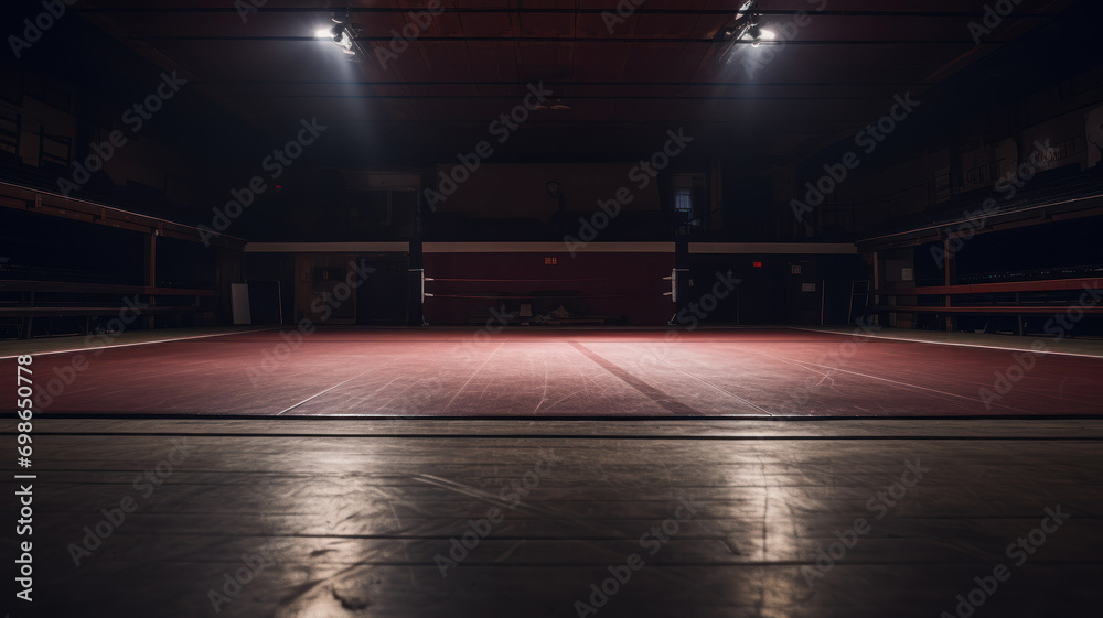 full shot on a photo of a wrestling mat in an empty gym in low light with space for text. concept sport, wrestling, gym, competition, - obrazy, fototapety, plakaty 