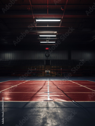 full shot on a photo of a wrestling mat in an empty gym in low light with space for text. concept sport, wrestling, gym, competition, © Aksana