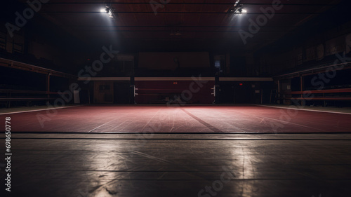 full shot on a photo of a wrestling mat in an empty gym in low light with space for text. concept sport, wrestling, gym, competition, photo