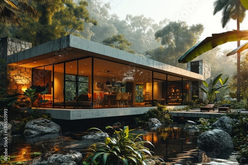 Modern Jungle House with Full-Wall Windows and Flat Roof