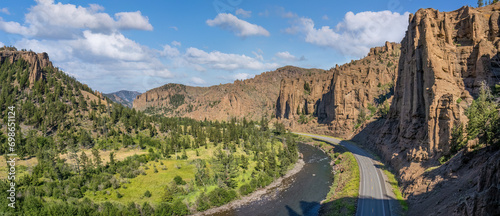 The Palisades formation on the way to Yellowstone national Park mountains in the Wapiti Valley on the Cody Road - Wyoming - Shoshone River