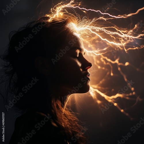 a woman with lightning coming out of her head