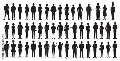 silhouette of various professional. Collection of different occupation people group of diverse workers of various professions and specialists standing together . 