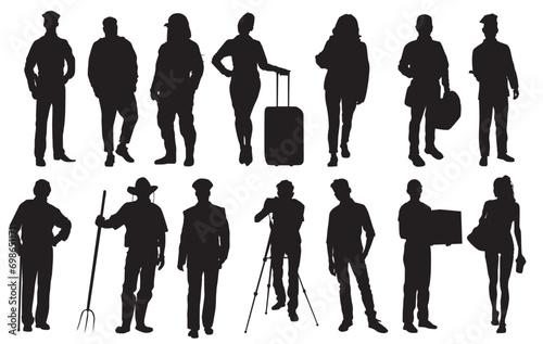 silhouette of various professional. Collection of different occupation people group of diverse workers of various professions and specialists standing together . 