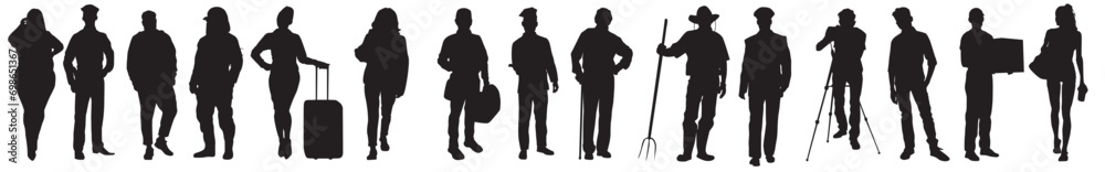 silhouette of various professional. Collection of different occupation people group of diverse workers of various professions and specialists standing together . 
