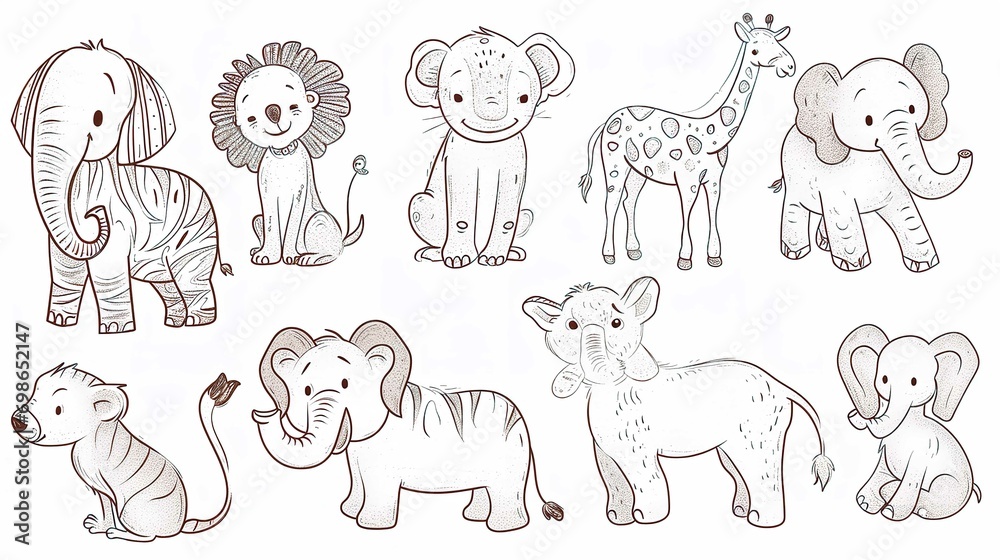 Cute Safari Animals  Wildlife Doodle Line Art






