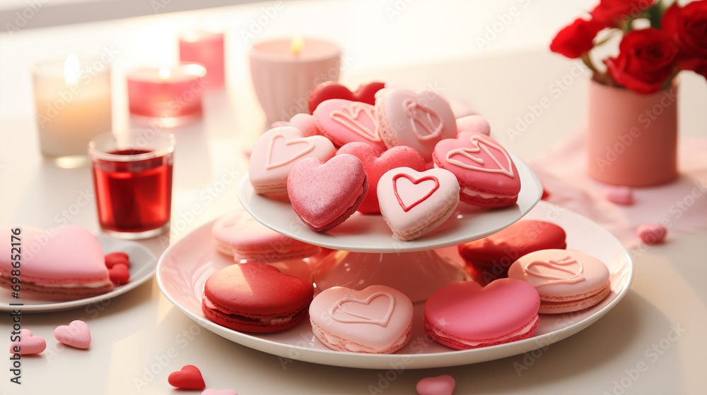 Heart shaped cookies on plate and candles on white table, closeup generativa IA Heart shaped cookies on plate and candles on white table, closeup generativa IA