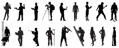 People with various occupations professions standing together in row vector flat black silhouettes set collection. photo