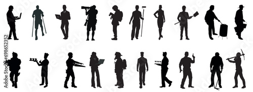 People with various occupations professions standing together in row vector flat black silhouettes set collection.