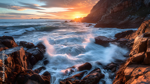  coastal cliffside with waves crashing against the rocks, taken during a vibrant sunrise 