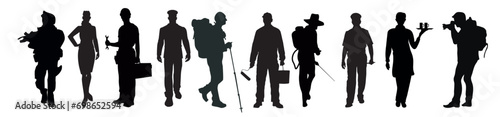 People with various occupations professions standing together.  silhouettes set collection of diverse professional on isolated white background. 