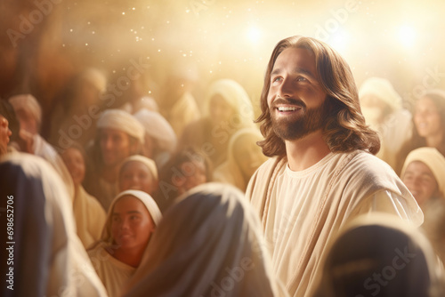 Jesus Christ in white clothes and loving peaceful face teaching crowd in heaven light photo