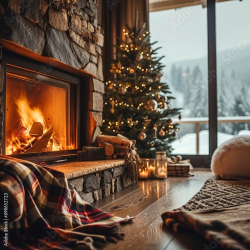 Cozy fireplace with Christmas tree, room interior for Christmas