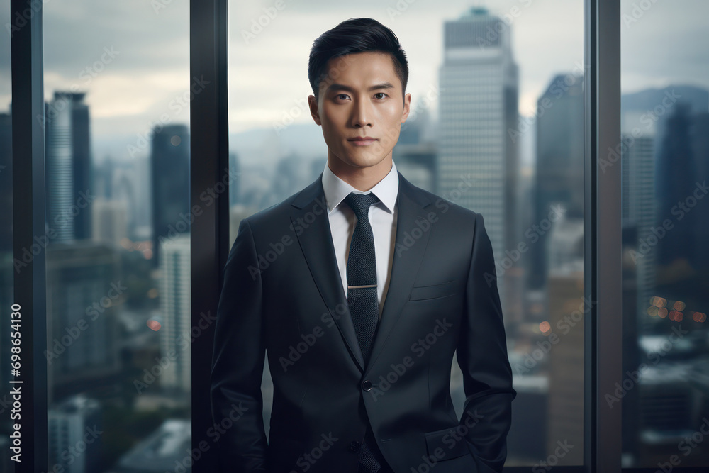 Professional Strong Asian Businessman Stands in Suit, Overlooking the City from His Office. Professional Strong Asian Businessman Stands in Suit, Overlooking the City from His Office.