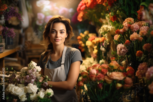 portrait of a beautiful Woman working in florist shop © Kien