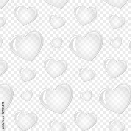 Seamless pattern transparent water bubble hearts. Valentines day.Soap bubble, crystal glass ball. Beauty product, moisture, skincare transparent bubbles top view, scatter splashes
