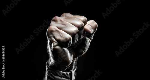clenched fist is raised up against a dark background, showing detail and strength, with light highlighting the fist's texture and power © weerasak