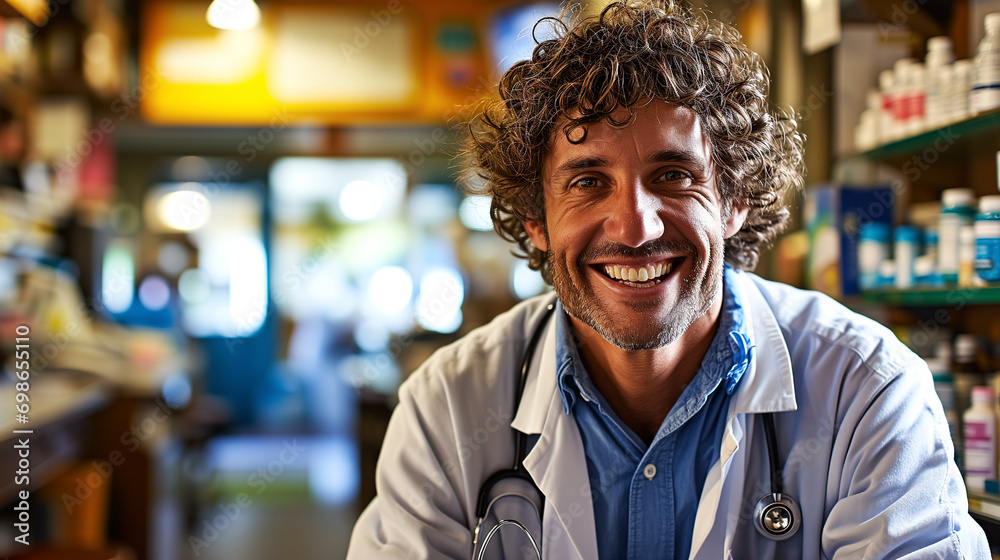 Smiling male pharmacist in drugstore store Generative AI	
