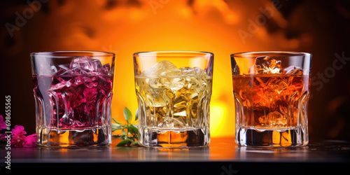 Three different colored cocktails in wide glasses with ice on the table. Burning fireplace background.