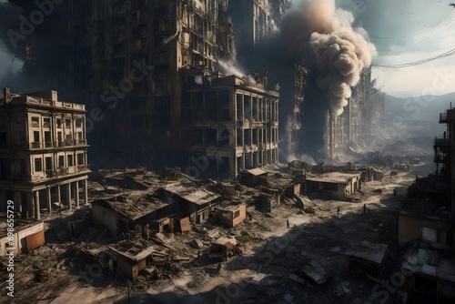 Destruction, wars, destroyed houses burning, and explosions
