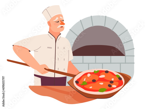 The baker is preparing pizza. The cook takes the pizza out of the oven. Flat vector illustration