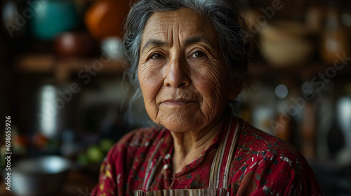 portrait of elderly woman in kitchen photo