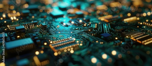 Technology-themed electronic circuit board on fiber optic backdrop. photo
