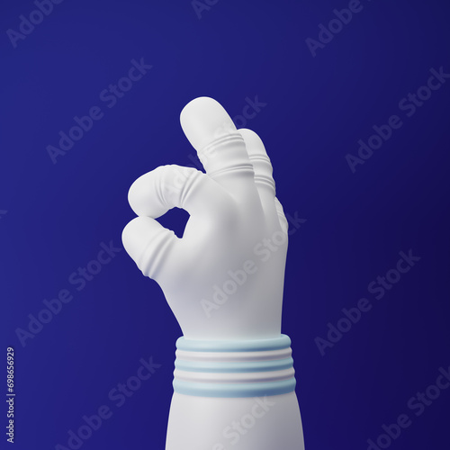 Astronaut cartoon hand showing ok or zero sign isolated over blue background. 3d rendering.