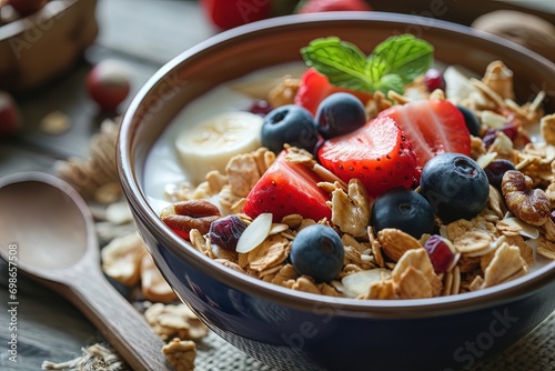 A bowl of cereal with milk and fruit and nuts. Great for stories about health, nutrition, dieting, cholesterol, fitness and more.