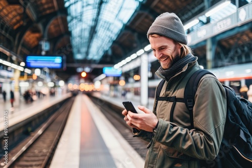Young smiling man using smartphone on train station