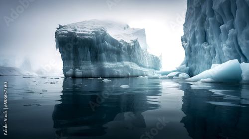 large iceberg in a calm, icy sea with a foggy background. Ice formations and melting icebergs reflect in the still water