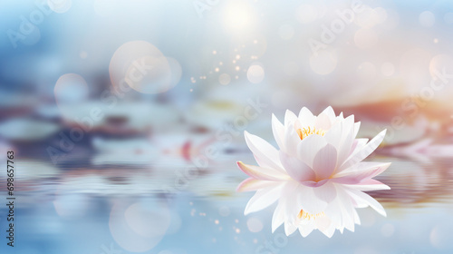 Zen Garden Serenity: Lotus Blossom Floating on Calm Water with Soft Bokeh Reflection in Nature's Tranquil Beauty