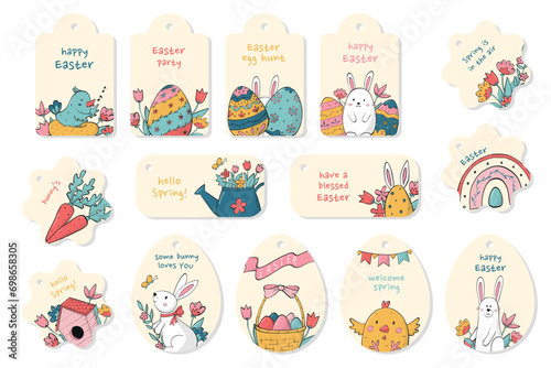Easter stickers, labels collection. Easter set of 14 gift tags, labels with lettering quotes, doodles and flowers. Good for cards, prints, posters, etc. EPS 10